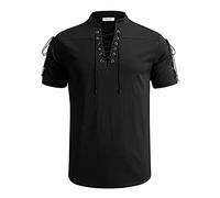 Gefomuofe Costume da pirata da uomo a maniche corte, camicia medievale, stile vichingo, con lacci, per il tempo libero, Nero , M