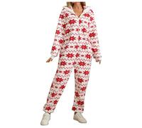 Gefomuofe Costume di Natale da donna, a maniche lunghe, per il tempo libero, con cappuccio e chiusura lampo, per la casa, un pezzo unico, pigiama, Rosso anguria, XL