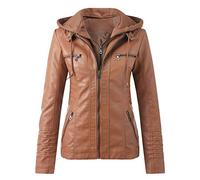 Gefomuofe Giacca in pelle da donna con cappuccio in ecopelle, con cerniera, da motociclista, marrone, L