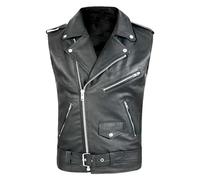 Gefomuofe Gilet da Motociclista in Pelle Bovina, Classico Nero Con Lacci Laterali e Tasche Nascoste, Punk Biker, Laccato, U Nero, 3XL