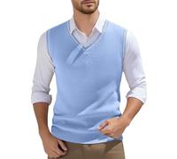 Gefomuofe Gilet lavorato a maglia da uomo, tinta unita, senza maniche, maglia a treccia, scollo a V, maglione classico, per il tempo libero, Azzurro, S