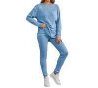 Gefomuofe Loungewear - Set da donna a coste, a maniche lunghe, girocollo, maglione e pantaloni per il tempo libero, tuta sportiva, azzurro, M