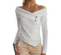 Gefomuofe Maglietta da donna con spalle scoperte, a maniche lunghe, elegante, slim fit, Y2K, tinta unita, per l'autunno, per il tempo libero, bianco, S
