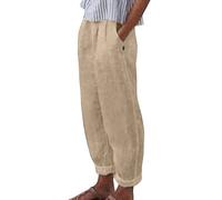 Gefomuofe Pantaloni da donna in lino, estivi, 7/8, estivi, casual, in cotone, lino, tinta unita, per il tempo libero, elasticizzati, leggeri, pantaloni dritti e tasche, O kaki, XXL