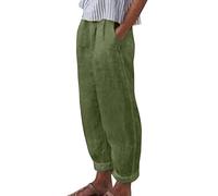 Gefomuofe Pantaloni da donna in lino, estivi, 7/8, estivi, casual, in cotone, lino, tinta unita, per il tempo libero, elasticizzati, leggeri, pantaloni dritti e tasche, O verde, M