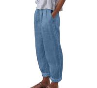 Gefomuofe Pantaloni da donna in lino, estivi, 7/8, estivi, casual, in cotone, lino, tinta unita, per il tempo libero, elasticizzati, leggeri, pantaloni dritti e tasche, O blu., M