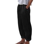 Gefomuofe Pantaloni da donna in lino, estivi, 7/8, estivi, casual, in cotone, lino, tinta unita, per il tempo libero, elasticizzati, leggeri, pantaloni dritti e tasche, O nero., L