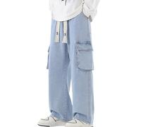 Gefomuofe Pantaloni da uomo, jeans baggy con gamba larga, jeans casual, vestibilità rilassata, pantaloni in denim, pantaloni hip hop, jeans vintage Y2K Straight Leg Streetwear, Blu, L