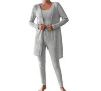 Gefomuofe Pigiama da donna, 3 pezzi, con maniche lunghe, cardigan, biancheria intima, set da tuta a maglia, tinta unita, per il tempo libero, grigio., L