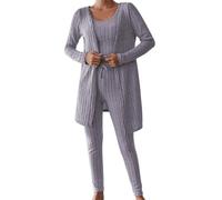 Gefomuofe Pigiama da donna, 3 pezzi, con maniche lunghe, cardigan, biancheria intima, set da tuta a maglia, tinta unita, per il tempo libero, Viola chiaro, M