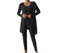 Gefomuofe Pigiama da donna, 3 pezzi, con maniche lunghe, cardigan, biancheria intima, set da tuta a maglia, tinta unita, per il tempo libero, Nero , M