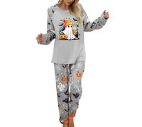 Gefomuofe Pigiama da donna in cotone per Halloween, set lungo, 2 pezzi, pigiameria, maniche raglan, pigiama e pantaloni per la casa, per il tempo libero, 01 grigio, XL