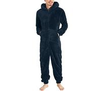 Gefomuofe Pigiama intero da uomo, morbido, divertente, lungo, invernale, caldo, in peluche, con chiusura lampo, pigiama, tuta da gioco, costume da notte, accappatoio, Blu marino, L