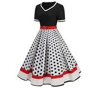 Gefomuofe Rockabilly, abito da donna, vintage, a maniche corte, con scollo a V, a pois, stile coctail, per feste, lunghezza al ginocchio, bianco, 3XL