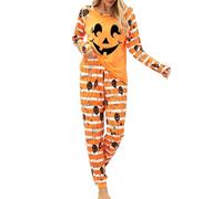 Gefomuofe Set di pigiama da donna per Halloween, a maniche lunghe, in cotone, 2 pezzi, per la casa, con stampa a zucca, per il tempo libero, per l'inverno, 01 arancione., S