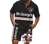 Gefomuofe St Georges Day - Polo a mezza zip, 2 pezzi, da uomo, a nido d'ape, casual, con stampa, Nero , L