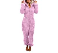 Gefomuofe Tuta da donna in pile con orsacchiotto, tuta intera in peluche, elegante a maniche lunghe, pigiama Onesie lungo, con cappuccio, tuta da notte, Lilla, XXL