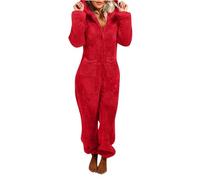 Gefomuofe Tuta da donna in pile con orsacchiotto, tuta intera in peluche, elegante a maniche lunghe, pigiama Onesie lungo, con cappuccio, tuta da notte, Colore: rosso, XL