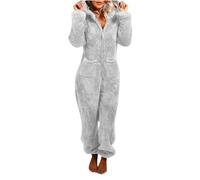 Gefomuofe Tuta da donna in pile con orsacchiotto, tuta intera in peluche, elegante a maniche lunghe, pigiama Onesie lungo, con cappuccio, tuta da notte, grigio., M