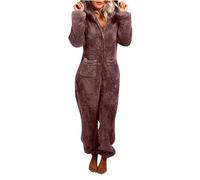 Gefomuofe Tuta da donna in pile con orsacchiotto, tuta intera in peluche, elegante a maniche lunghe, pigiama Onesie lungo, con cappuccio, tuta da notte, caffè, L