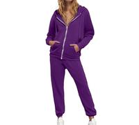 Gefomuofe Tuta da donna in tinta unita con cappuccio, 2 pezzi, felpa con cappuccio con coulisse e pantaloni a vita alta, tuta sportiva per il tempo libero, Viola scuro, S