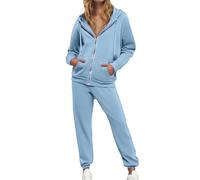 Gefomuofe Tuta da donna in tinta unita con cappuccio, 2 pezzi, felpa con cappuccio con coulisse e pantaloni a vita alta, tuta sportiva per il tempo libero, azzurro, S