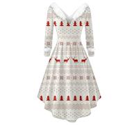 Gefomuofe Vestito di Natale da donna, costume da Babbo Natale, costume da Miss Santa a maniche lunghe, abito natalizio con scollo a V, abito da festa, beige., XL
