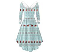 Gefomuofe Vestito di Natale da donna, costume da Babbo Natale, costume da Miss Santa a maniche lunghe, abito natalizio con scollo a V, abito da festa, Azzurro, L