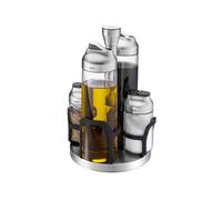 GEFU KIPPO - Olio di aceto e spezie, 5 pezzi, vetro borosilicato e acciaio inossidabile, 2 dosatori + 2 spargitori nella giostra, protezione per aromi e antigoccia