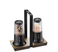 GEFU Set di macinasale e pepe X-PLOSION, set da 2 pezzi con mensola, macinino in ceramica, sottobicchieri in legno, nero