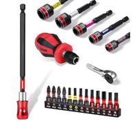 GEINXURN Set di 21 mini cacciaviti con supporto magnetico da 100 mm, sistema a sgancio rapido, con set di 13 punte (PH/PZ/Torx/Hex), chiave a bussola, mini chiave a cricchetto per riparazioni fai da
