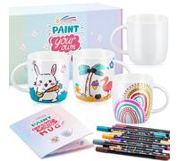 Geiserailie 4 Tazze Fai da te Verniciabili Kit 4 Tazze in Ceramica Vuote per Sublimazione 12 Pennarelli con 24 Colori Regalo Personalizzato Compleanno Anniversario Festa della Mamma Pasqua(Classico)