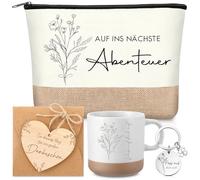 Geiserailie Set Regalo di Ringraziamento per Colleghi Insegnanti 6 Pezzi con Trousse per Cosmetici Portachiavi Tazza in Ceramica da 360 ml Ciondolo a Forma di Cuore in Legno Busta(Abenteuer)