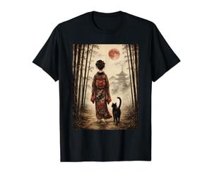 Geisha Che Cammina Attraverso la Foresta di bambù con Gatto Nero Luna Rossa Maglietta con Stampa Grafica Economica