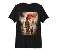 Geisha Che Cammina Attraverso la Foresta di bambù Giapponese Black Cat Maglietta Premium