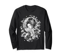 Geisha Giapponese con ventagli in Stile Irezumi Nero e Bianco Maglia a Manica