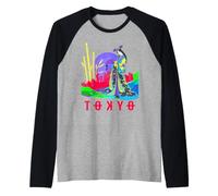 Geisha Giapponese E Tokyo Astratto di Notte Maglia con Maniche Raglan