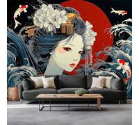 Geisha In Kimono Giapponese Pesce Koi Carta da Parati In Tessuti non Tessuti 450 x 315 cm Murali, Nero Fotomurale Murale Soggiorno Camera da Letto Cameretta Dei Bambini Decorazione