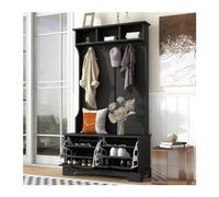 GEK208130 Moderno Albero da ingresso grande da 70,8 pollici con panca portaoggetti e appendiabiti, 2 cassetti portascarpe ribaltabili, 4 ganci, 3 ripiani, bianco Organizzatore(Nero)