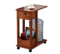 GEK208130 Moderno Tavolino a forma di C in legno massello con ruote, tavolino for snack mobile con cassetto ribaltabile, supporto for laptop accanto al divano con ripiano Decorativo