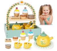 Gelateria in legno per bambini, accessori da cucina per bambini set da tè giocattolo Montessori da 3 4 5 6 anni bambini ragazze ragazzi, servizio da tè gelato giocattolo in legno con torta alla crema