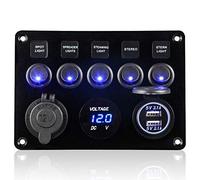 Geloo Pannello Interruttori 5 Gang 12V/24V Impermeabile Doppia Presa USB Voltmetro Digitale Interruttore Bilanciere per Auto Barca Camper e Camion
