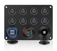 Geloo Pannello Interruttori a Bilanciere 12V/24V Impermeabile Levetta 8 Interruttore con Voltmetro Digitale Accendisigari Doppio Caricatore USB da 4,2 A per Barca, Auto, RV, Camper