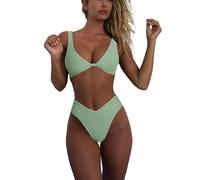 geluboao Bikini da Donna, Tinta Unita, Scollo a V, Nodo Frontale, Push-up, Gamba Alta, Perizoma, Costume da Bagno a Due Pezzi, Verde Salvia., M