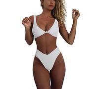 geluboao Bikini da Donna, Tinta Unita, Scollo a V, Nodo Frontale, Push-up, Gamba Alta, Perizoma, Costume da Bagno a Due Pezzi, Bianco, M