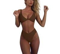 geluboao Bikini Set per Le Donne Solid V Neck Knot Front Push Up Gamba Alta Perizoma Due Pezzi Costume da Bagno, Marrone, M