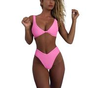 geluboao Bikini Set per Le Donne Solid V Neck Knot Front Push Up Gamba Alta Perizoma Due Pezzi Costume da Bagno, Rosa Chiaro, L