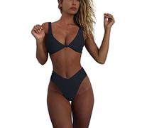 Geluboao, Completo bikini da donna con scollatura a V, nodo frontale, push-up, perizoma a gamba alta, due pezzi, nero, M
