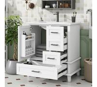 Gelukueub 76 x 46 x 83,5 cm, mobiletto da bagno da pavimento con lavabo, lavabo, completamente laccato, mensola per porta, tre cassetti silenziosi, lavabo in ceramica integrato, bianco (bianco)
