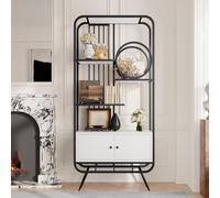 Gelukueub 80 x 30 x 180 cm, scaffale in metallo, bianco con doppia porta, tre ripiani, scaffale in metallo nero, piedini alti in metallo, decorazione rotonda, bianco + nero